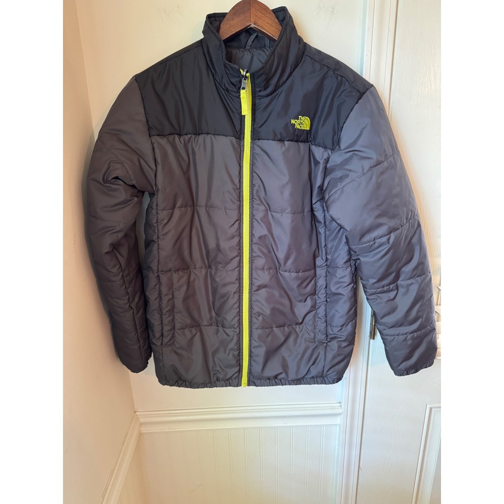 The North Face Boys XL 18/20 Puffer Jacket Grey Black Lime Green Full Zip Coat